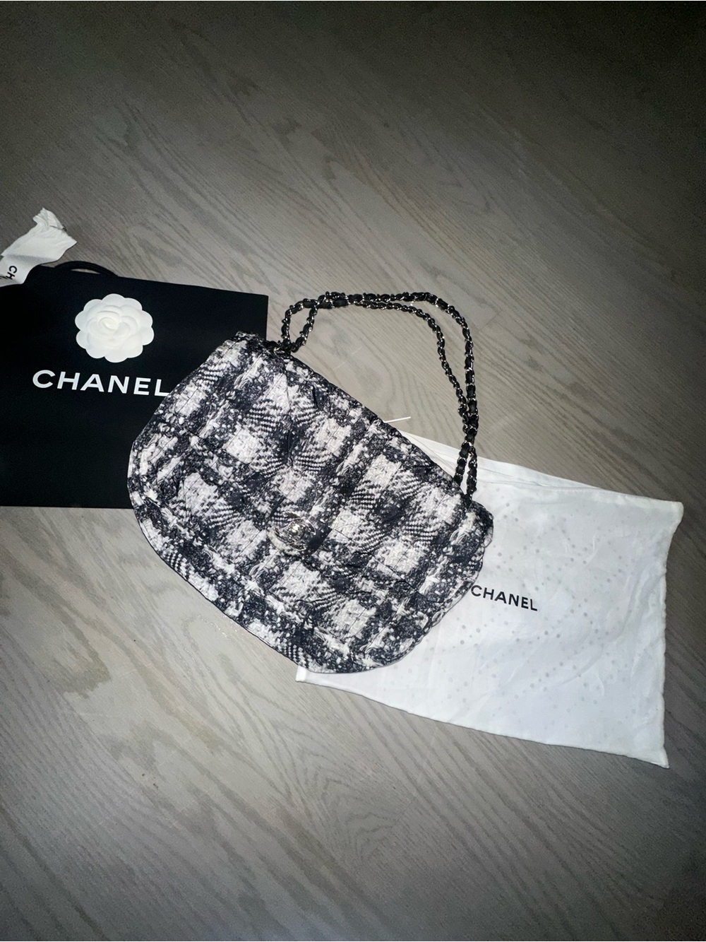 CHANEL Tweed Nylon Quilted Shoulder Bag – Black/White
